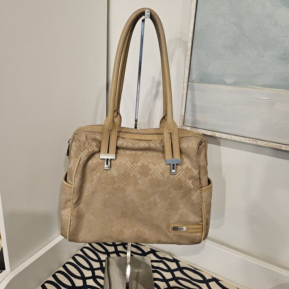 Tumi Signature Tan Satchel HandBag Monogram Leather Straps Interior Pockets